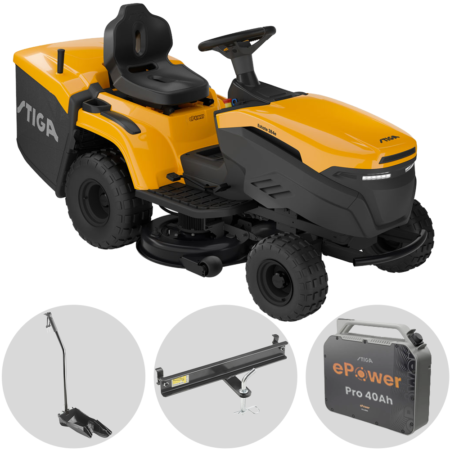 Stiga Estate 384e - Kit Tracteur tondeuse avec 1 module de batterie ePower Pro de 56V/40Ah - Bac de ramassage et mulching